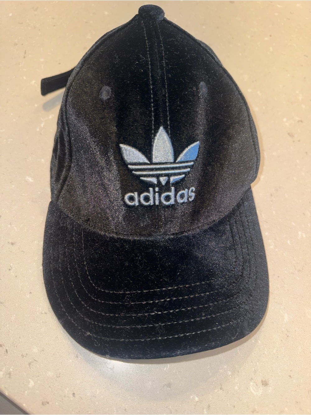 adidas Black Velvet Trefoil Baseball Cap with White/Blue Logo
